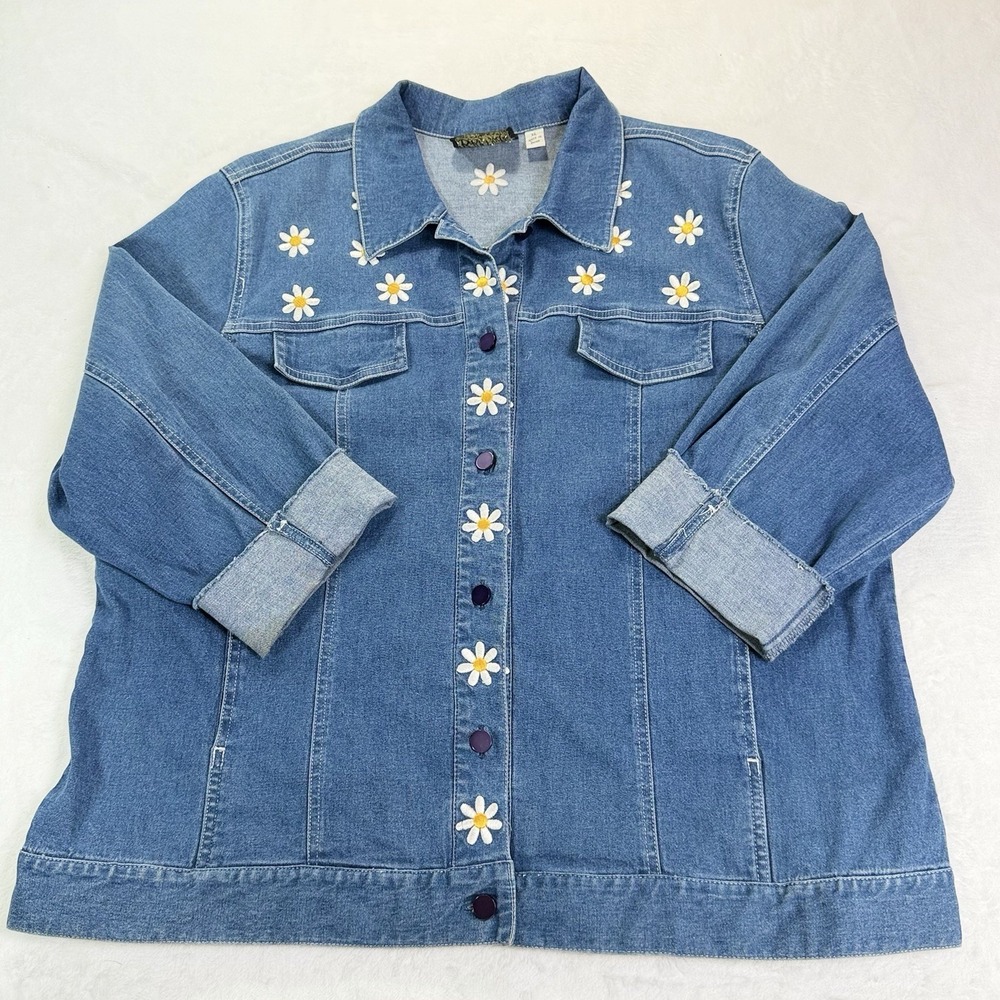 Bob Mackie Wearable Art Jacket Shacket XL Denim Embroidered Flower Daisy Hippie